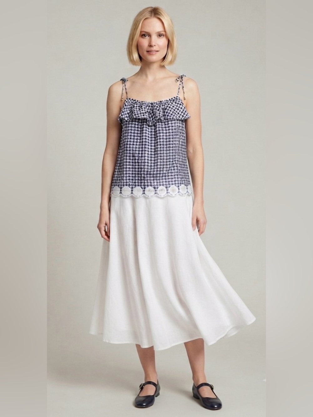 J. Crew Navy and White Gingham Tie-Shoulder Camisole